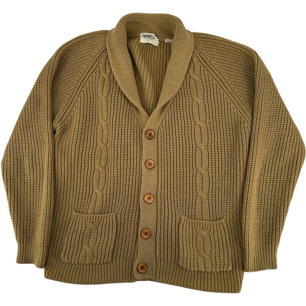VTG 80s Men's Tan Gimbels Shawl Collar 100% Acrylic Knit Sweater Cardigan Sz L